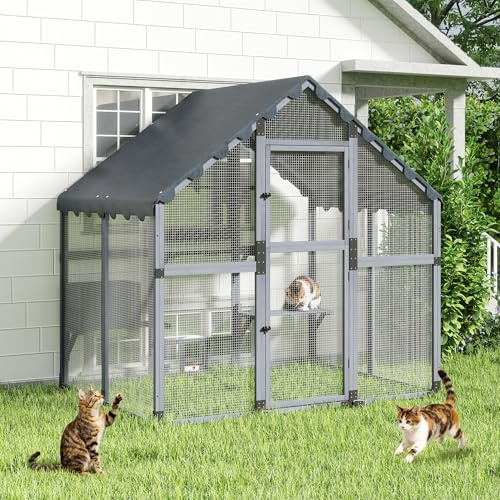 4.63m³ Large Wooden Catio Outdoor Cat Enclosure, Weather-Resistant Roof | 184×136×185cm | Window/Pet Door Connectable | Cat Tunnel Ready | Multi-Level Platforms | Predator-Resistant | Walk-in Door