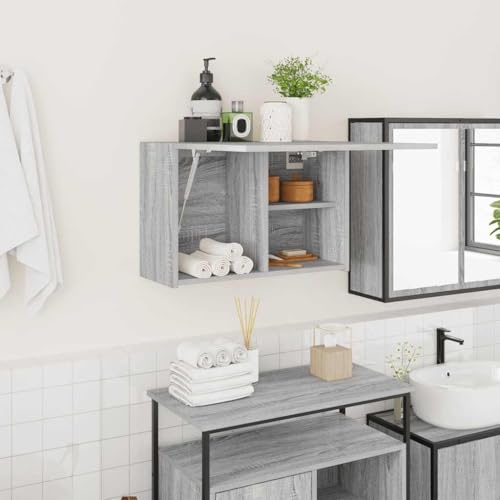 Ziaphsol Armadietto da bagno a parete grigio Sonoma, in legno 60 x 25 x 40 cm, con porta e molla a gas, salvaspazio, per bagno, WC degli ospiti, lavanderia e altri ambienti con spazio