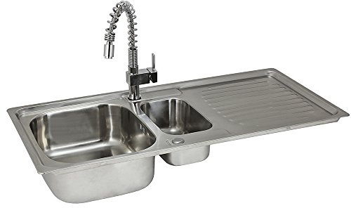 Fregadero de Cocina 1 Seno+Escurridor Sobre Encimera en Acero Inoxidable 105x50cm con Grifo Rainbow+Kit para Drenaje y Fontanería GRATIS Lavaplatos Pila Cocina 1 Seno+ Escurridor para Lavar Platos