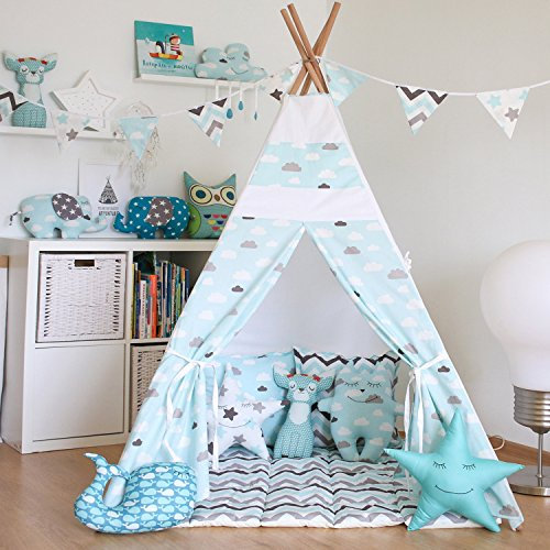 Lily&her friends Tipi-Zelt für Kinderspielhaus mit Holz und 100 % natürlichem Baumwoll-Leinen, bedrucktes Spielzelt, Kinderspielhaus, Baby-Innen-Sicherheitsraum, faltbar, tragbar, mit Tragetasche