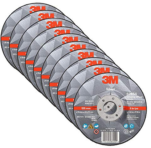 3M Silver Depressed Center Grinding Wheel, 87454, T27, 5 in x 1/4 in x 7/8 in, Pack of 10, Deburring Edges, Heavy Stock Removal, Stainless Steel, Mild Steel, Right Angle Grinding