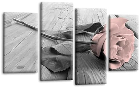 LR Floral Pink Rose Love Wall Art Picture – Grey & White Quote Framed 4 Panel Split Canvas Print | Ready to Hang | Modern Wall Art for Living Room, Bedroom & Office