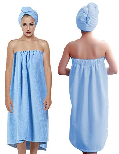 Wytino Bath Towels, Ultra Absorbent Bath Towelling Wrap Dress Hair Drying Turban Set Quick Dry with Microfibre Fastener Closure Used for Ladies (Blue)