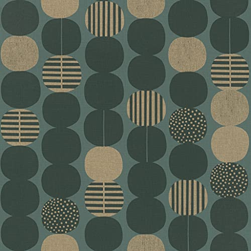 Rasch Tapeten 539752 aus der Kollektion Amazing-Grafische Vliestapete mit Kreisen in Olivgrün und Gold auf einem Hintergrund in Grau-Grün und leichter Struktur – 10,05m x 53cm (L x B) Tapete