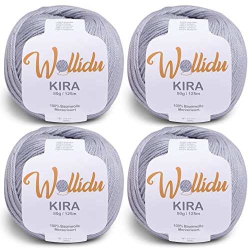 Wollidu Kira 4er-Set mercerisierte Baumwolle – 4×50 g feines Häkelgarn & Strickgarn, 100% Baumwolle, 125 m Lauflänge, uni Hellgrau