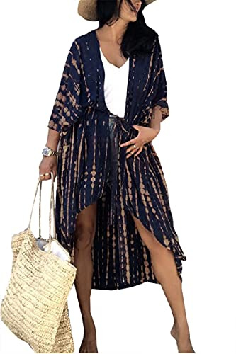 L-Peach Boho-kimono för kvinnor, lång cardigan, rymliga myskläder, överdimensionerad kaftan, strandklänning, täckande kläder, morgonrockar, E mörkblå, en storlek