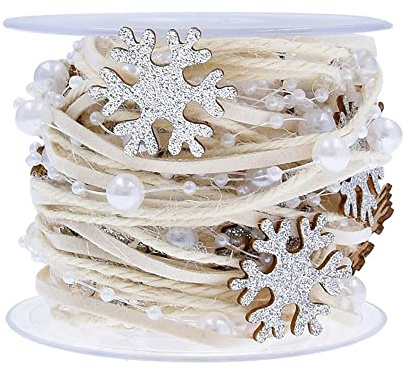 Duories 5m Perlengirlande mit Glitzer Holz Schneeflocke,8+3mm Perlenband,Geschenkband,Schleifenband,Dekoband Hängedeko Tischdeko Dekokette für Hochzeit Weihnachten Taufe Geburtstags Geschenke,Silber
