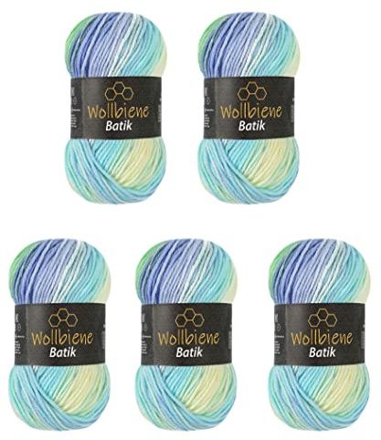 5 x 100 g ullbi batik 500 gram ull med färggradient flerfärgad stickad ull virkull (5010 blå grön aqua)