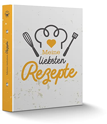 itenga Rezeptringbuch Rezeptordner A4 Motivdruck 2-Ring-Mechanik Kochmütze gelb grau - Kochrezepte-Ringbuch 35mm breit