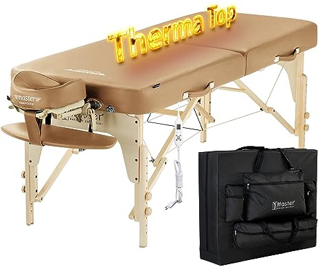 Master Massage 71cm Phoenix Mobil Klappbar Massageliege Massagebett Massagebank Kosmetikliege mit Therma Top Integriertem Heizsystem Wärmeunterbett aus Holz-Hellbraun