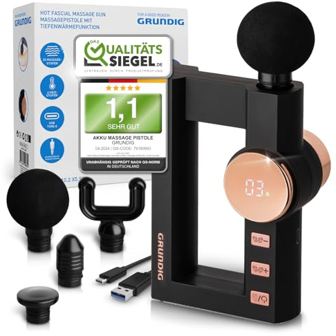 GRUNDIG Massagepistole Massagegerät mit TIEFENWÄRME - kompakte Akku Massage Pistole mit 4 Heizstufen und 32 Massagestufen für Zuhause, Büro und Unterwegs - Massage Gun für Rücken Nacken Schulter