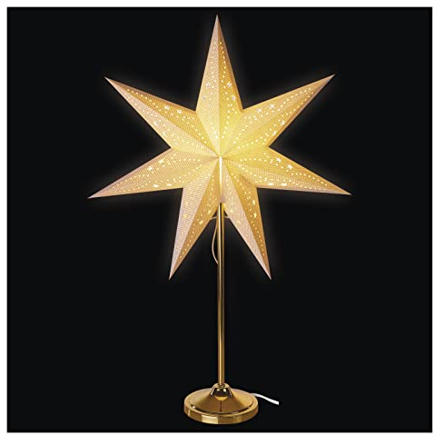 EMOS Papier-Tischlampe mit weißem Stern, E14 Fassung, Weihnachtsstern mit 1,6m Netzkabel, Papierstern mit Metall-Fuß, für LED-Lampe bis 25W, 67x45 cm, IP20 Innenbereich, zum Aufstellen