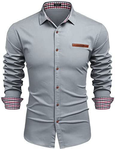 COOFANDY Vardaglig skjorta för män knappar skjortor klänning skjorta långärmad denim arbetsskjorta cowboy-stil smal passform, Ljusgrå, XL