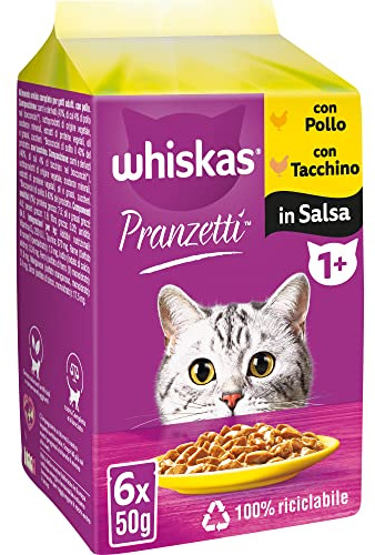 Whiskas Pranzetti vitt kött 1+ vuxen, våt kattmat, 12 förpackningar med 6 påsar x 50 g vardera (72 påsar totalt)