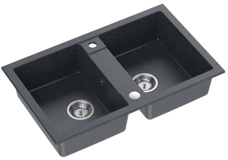 VBChome Spülbecken 78 x 48 cm Schwarz Doppelschüssel Granit Rechteckig Einbauspüle Gesprenkelt Großes Tiefes Becken Granitspüle + Siphon