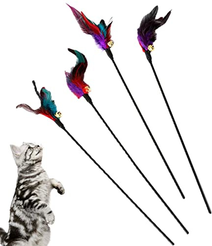 Kattfjäderstav | Färgglada kattleksaker för innekatter med Bell Refills - Cat Wand Leksaker, Interactive Catcher Teaser och rolig övning Kattfiskespö för kattunge eller katter Qarido