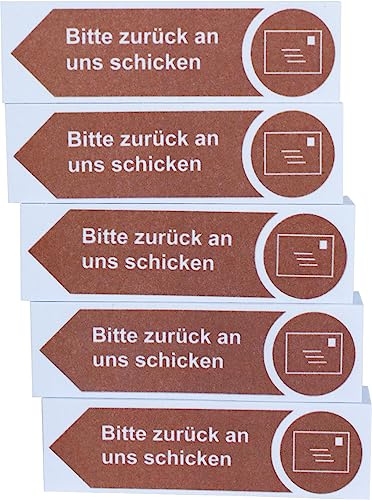 Litfax Haftnotizen Klebezettel Bitte zurück an uns schicken, 5 Stück je 100 Blatt Sticky Notes – Post It Haftstreifen in Braun mit Pfeilrichtung nach links
