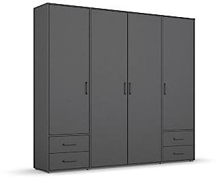 Rauch Möbel Voyager Schrank Kleiderschrank Drehtürenschrank, Grau metallic, Schwarz, 4-türig mit 4 Schubladen, inkl. 1 Kleiderstange, 5 Einlegeböden BxHxT 187x194x53 cm