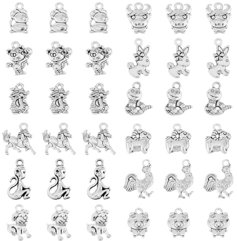 SUPERFINDINGS 96 pendentif en Alliage de Style Tibétain 12 styles 12 signes du Zodiaque Chinois Breloques Thème Animal Pendentifs en Métal pour la Fabrication de Bijoux Trou de 2mm