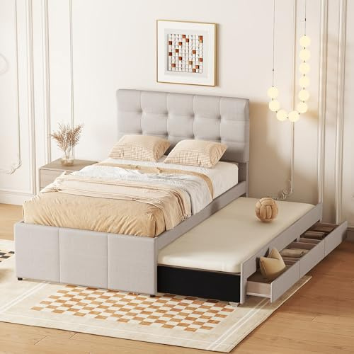 I0I&I0I Elegant säng med klädsel, med utdragbar säng och 3 lådor (beige, 90 x 200 cm)