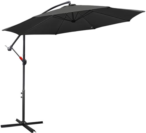 Fiqops Parasol 3.5M avec manivelle - En aluminium - Avec support - Protection UV, Parasol de marché étanche pour le jardin, Gris