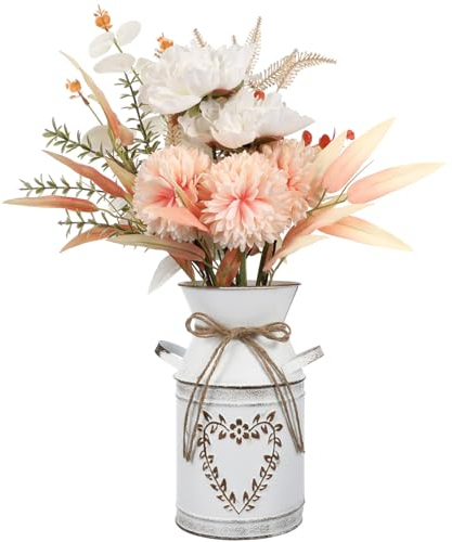 Amosfun Galvanized Vase Milk Can, Vintage Metal Flower Vase 7.6inch Heart Print Metal Planter Flower Pot Holder Farmhouse Country Plant Buckets Table Centerpiece B