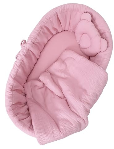 WIKLINOPOL IRENEUSZ ZYGMUNT WICKER WOOD BABY 2000 EU Set di biancheria da letto da 4 pezzi, per neonati e bambini, in mussola per culla, copripiumino con laccetti di colore rosa - rosa