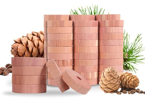 JAMATA Natürlicher Mottenschutz,60 Stück Premium Zedernholz Ringe, 100% Naturprodukt Mottenschutz aus Zedernholz, Zedernholz Mottenschutz Ideal für Kleiderbügel Schubladen,anti mites textiles