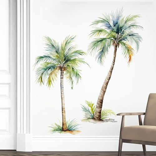 Tanlaby Palmier Grand Arbre Sticker Mural Plantes Tropicales Vert Sticker Mural Palmier Aquarelle Cocotier Stickers Muraux Tropicaux Pour Salon Chambre Couloir Aalle de Bains Décoration Murale