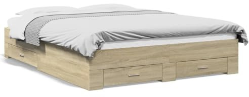 Keyroto Struttura Letto con Cassetti Giroletto Matrimoniale Letto Matrimoniale con Contenitore in Legno Multistrato Rovere Sonoma 160x200 cm