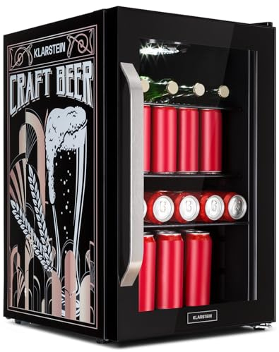 Nevera Klarstein 70L, Minifrigorífico silencioso con estantes extraíbles, puerta de cristal y LED, Apta para exteriores, 0-10°C