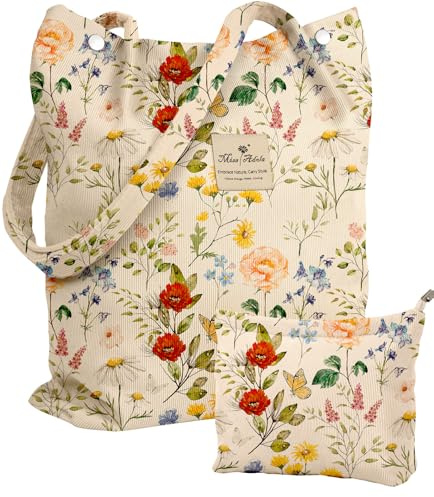 Miss Adola 2 Pack Aesthetic Corduroy Tote Bag - with Corduroy Makeup Pouch Bag for Women Beige Flower Reusable Grocery Bag with Buckle Shoulder Bag for Gym, Travel, Work