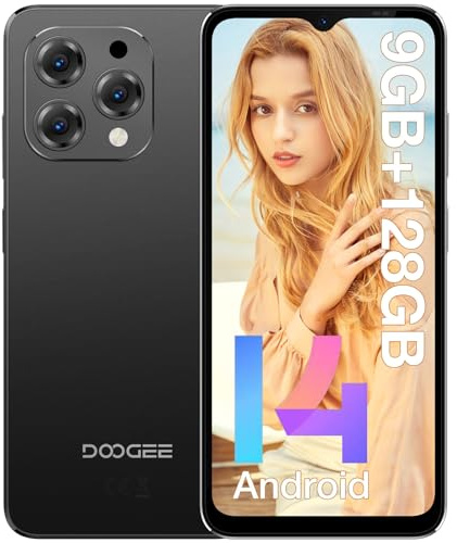 DOOGEE N55 Handy, Smartphone Android 14 mit 9 GB RAM 128 GB ROM, 6,56 Zoll IPS HD+ Bildschirm, Hauptkamera AI mit 13 MP + Frontkamera 8 MP, Dual-SIM 4G (schwarz)