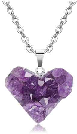 CrystalTears Amethyst Crystal Necklace for Women Natural Raw Rock Quartz Crystal Cluster Heart Necklace Healing Gemstone Heart Pendant Necklace Jewellery Gifts for Women Mum Birthday Christmas
