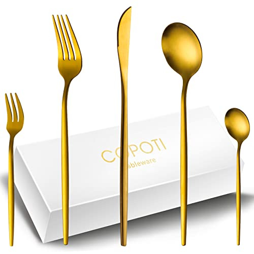 COPOTIO Matt Gold Besteck Set 12 Personen, Edelstahl Besteckset 60 teilig mit Messer Gabel Löffel, Schlanker Griff