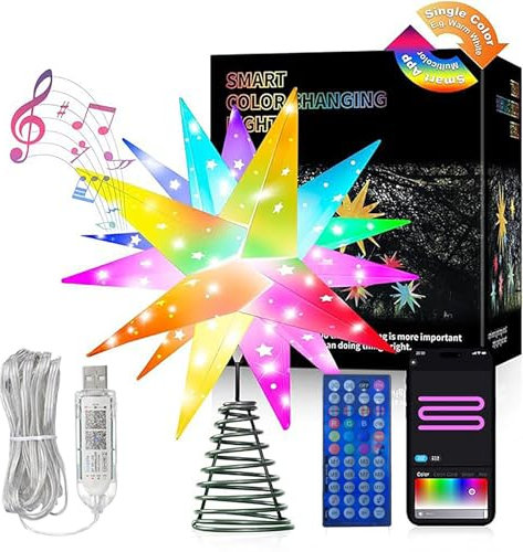 LeuKoles 3D Weihnachtsstern Beleuchtet, 10‘’ Intelligent Beleuchteter Weihnachtsbaumschmuck in Baumspitze, Bluetooth-App-Steuerung, Musiksynchronisation, Weihnachtsbeleuchtung Außen mit Fernbedienung