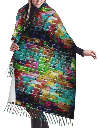 BREAUX Kaschmir-Schal mit Fransen und Graffiti, bunter Ziegeldruck, leichter Schal, Herbst und Winter, modischer Quastenschal, Schwarz, Einheitsgröße, Schwarz , One size