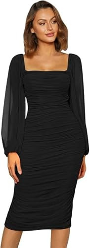 Haibang Vestito Donna Elegante Maniche Lunghe Abiti da Cerimonia con Scollo Quadrato Aderente Abito da Sera Lungo Sexy Vestito Tubino per Cocktail Party Feste Ballo Festa Autunno e Inverno