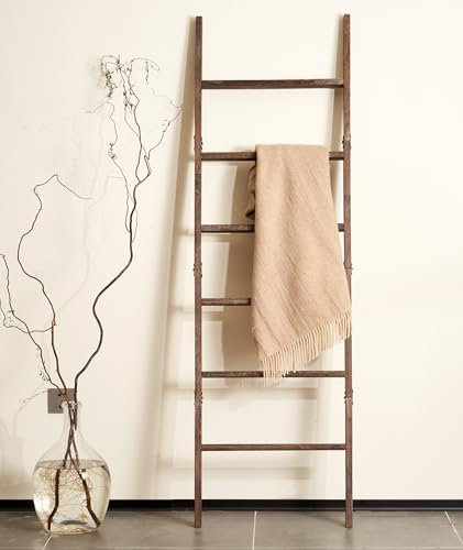 Blanket Ladder for The Living Room 6-Tier, Wooden Decorative Quilt Holder for Bed Room, Wall-Leaning Wood Towel Rack for Bathroom，Rustic Farmhouse Ladders for Display. (Washed Brown)