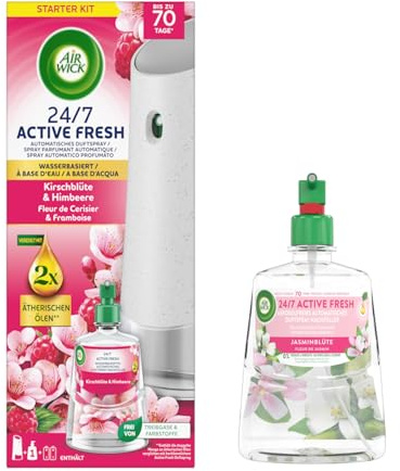 Air Wick Active Fresh Wasserbasiertes Automatisches Duftspray Starter Set inklusive Nachfüller 1x228ml Kirschblüte & Himbeere & 1x 228ml Jasminblüte