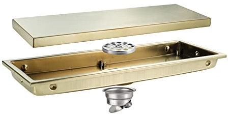 12 Zoll Duschablauf, rechteckiger linearer Duschablauf mit Flieseneinsatzrost, herausnehmbarer Deodorant-Bodenablauf aus Edelstahl für Badezimmer, gebürstetes Gold (Farbe: Cromo) (