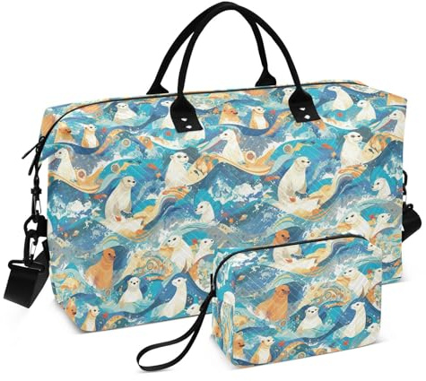 Luggage Travel Bag Sports Training Bag with Adjustable Strap for Yoga Multifunctional, White Seal Japanese Style Waves, white seal japanese style waves