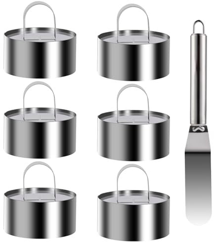 6 Pcs 7,5 cm Anillo de Pastel, Aro Emplatar, Anillo de Tarta de Acero Inox, Aros de Postre y Alimentación Redondos, Aros de Pastel, Anillos para Tartas Pasteles Mousse, con Elevador, 1 Espátula