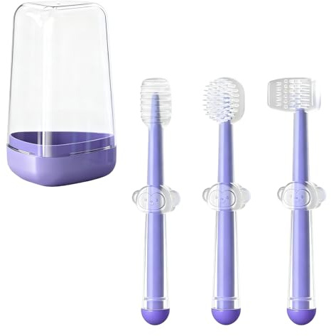 ORAGKE Cepillo Dientes Bebe sin BPA, Kit de Cuidado Bucal 3 en 1 para Bebés (0-24 Meses), Cepillo de Dientes Bebe con Estuche, Silicona Grado Alimentario, Diseño Antiahogo, Suave y Seguro (Morado)
