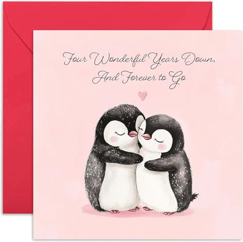 Glückwunschkarte zum Hochzeitstag für Ehemann – Feier 4 Jahre verheiratet mit Ehefrau – Pinguine in Love Forever To Go, romantisches Geschenk für Sie oder Ihn, innen blanko