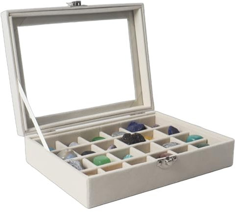 Dmnnlp 24 Grids Rock Display Case, Velvet Rock Collection Box with Glass Clear Lid, Storage Display Box for Small Gemstone Fossil Crystal Stone Rings Earrings Charms Collectibles(Beige)
