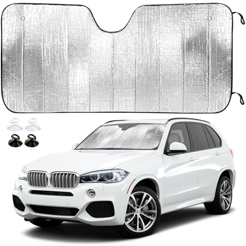 Sonnenschutz Auto Frontscheibe innen 140 x 70cm Windschutzscheibe UV‑Schutz | Faltbare Sonnenschutz mit 2 Saugnäpfen, Schnell Anzubringen und Platzsparend zuVerstauen, für die meisten PKW und SUVs