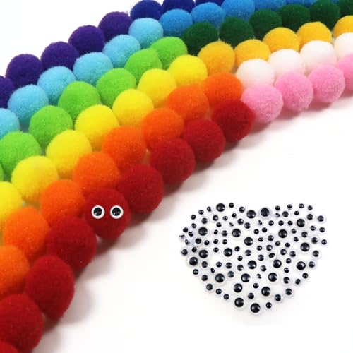 TOAOB 300 Stück Pompon 15 mm Bunte Pompons zum Basteln Flauschigen | mit Selbstklebend Wackelaugen, Bälle Kunst Bommel für Dekorieren, Verzieren Nähen DIY Lustige Kreativen Handwerk