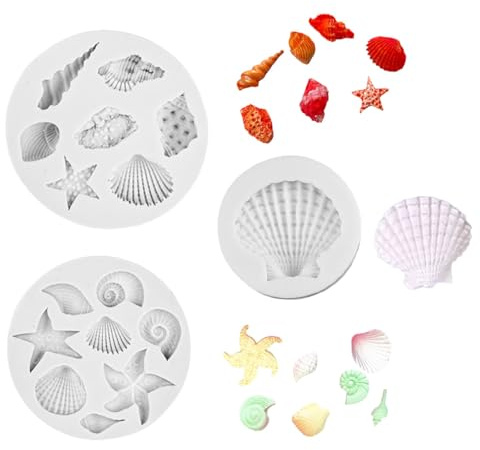 PERSENTU 3 PCS Shell Silicone Moulds, Seashell Conch Starfish Baking Molds, Marine Theme Fondant Silicone Mold for DIY Chocolate Candy Soap Ice Cube Trays Baking Mould