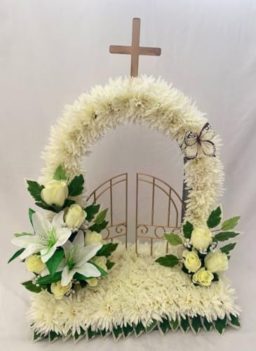 Silky Bouquets Gates of Heaven Funeral Tribute – 2ft Silk Flower Display with Chrysanthemum Base & Rose and Lily Cluster | Personalized Memorial with Optional Sash